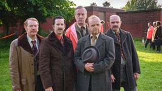 Five members of The Long Shadow cast in costume: Kris Hitchen, Lee Ingleby, Stephen Tompkinson, Toby Jones and Jack Deam (L-R).