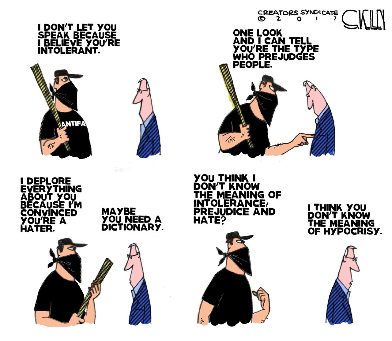 Political cartoon U.S. Antifa fascism hypocrisy extremism