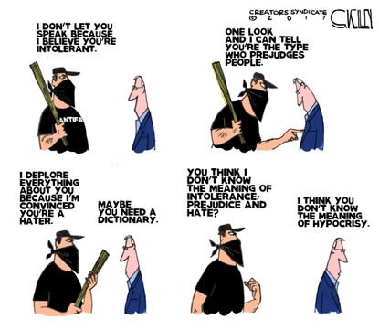 Political cartoon U.S. Antifa fascism hypocrisy extremism