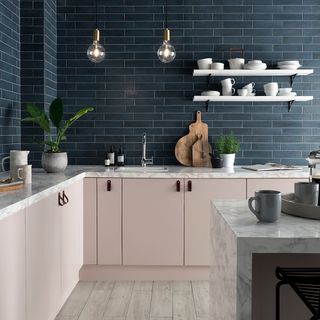 kitchen with dark blue brick design tile wall white cabinet white shelf and wooden flooring