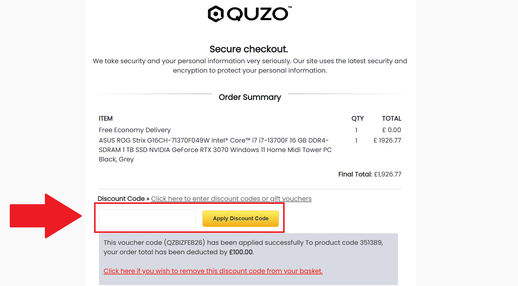 A screenshot showing the quzo checkout page and where to enter your quzo discount code