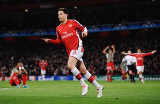 Samir Nasri of Arsenal celebrates scoring the first goal during the UEFA Champions League group H match between Arsenal and Standard Liege at Emirates Stadium on November 24, 2009 in London, England. (Photo by Shaun Botterill/Getty Images)