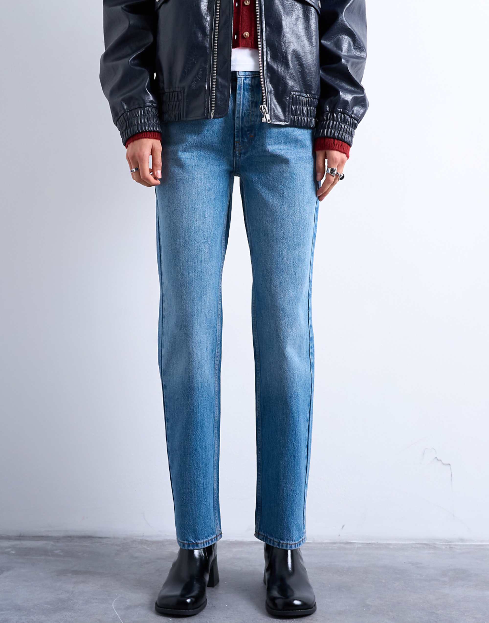 Topshop Runway Mid Rise Straight Jeans in Mid Blue