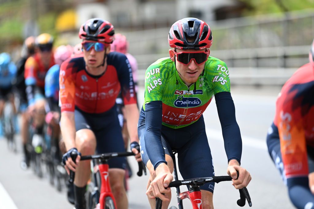 BRUNICO ITALY APRIL 21 Tao Geoghegan Hart of United Kingdom and Team INEOS Grenadiers Green Leader Jersey competes during the 46th Tour of the Alps 2023 Stage 5 a 1445km stage from Cavalese to Brunico on April 21 2023 in Brunico Italy Photo by Tim de WaeleGetty Images