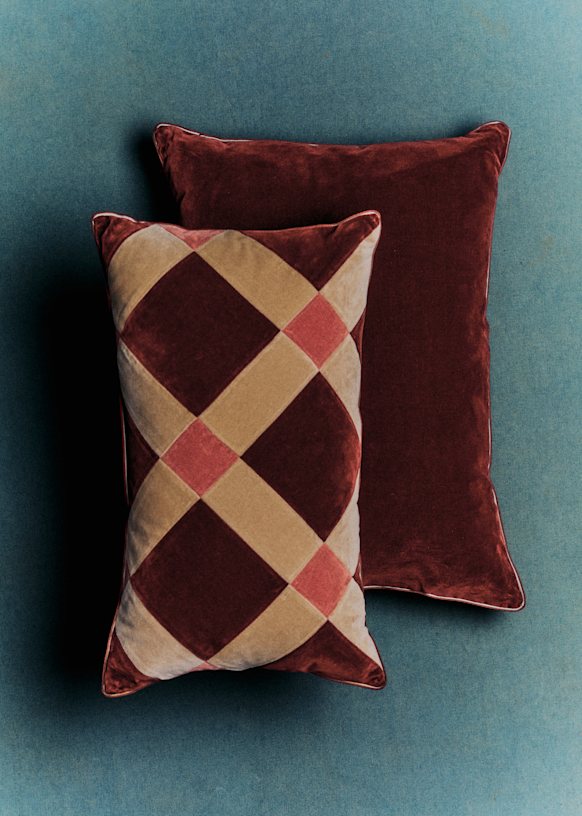 Velvet Patchwork Cushion - Small Model - Sienna and Beige - 0rganic Cotton - Textile Made From Organic Fibers - S&amp;eacute;zane
