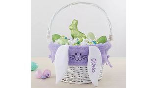 Bed, Bath & Beyond Personalized Bunny Easter Basket Liner In Purple with White Basket, one of w&h's personalized Easter baskets picks