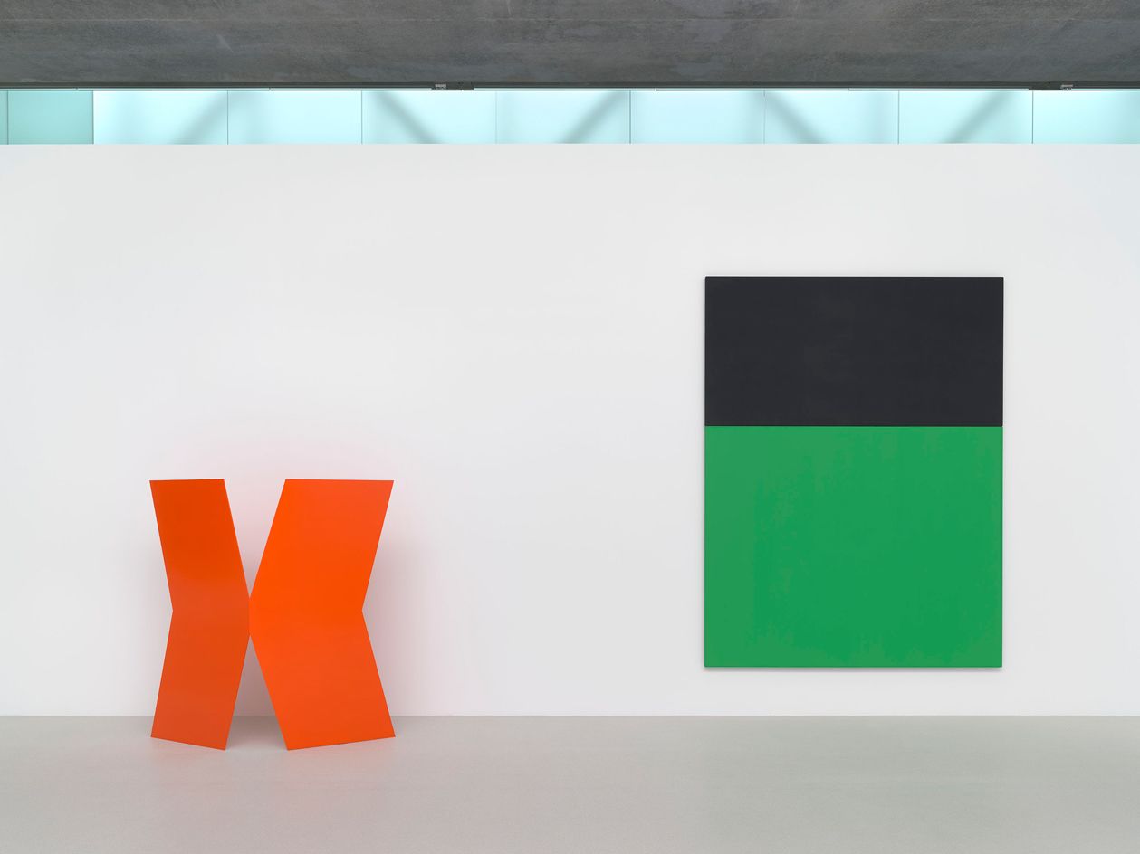 Ellsworth Kelly artworks from left: Gate, 1959 painted aluminum. Black Green, 1970 oil on canvas