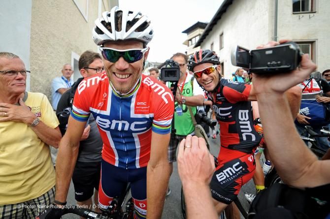 A happy Thor Hushovd (BMC) makes his way to the podium after winning stage 3 at the Tour of Austria