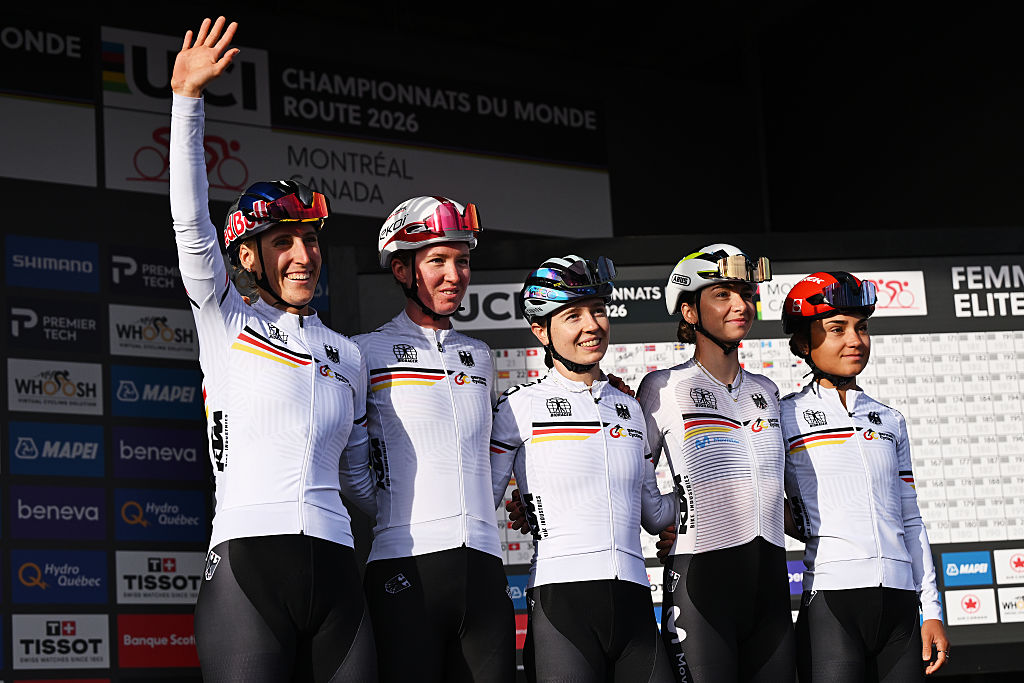 MONTREAL, QUEBEC - SEPTEMBER 26: A general view of Ricarda Bauernfeind, Franziska Koch, Liane Lippert, Antonia Niedermaier, Linda Riedmann and Team Germany prior to the 99th UCI Road World Championships Montreal 2026 - Women Elite Road Race a 180.1km one day race from Brossard to Montreal on September 26, 2026 in Montreal, Quebec. (Photo by Dario Belingheri/Getty Images)