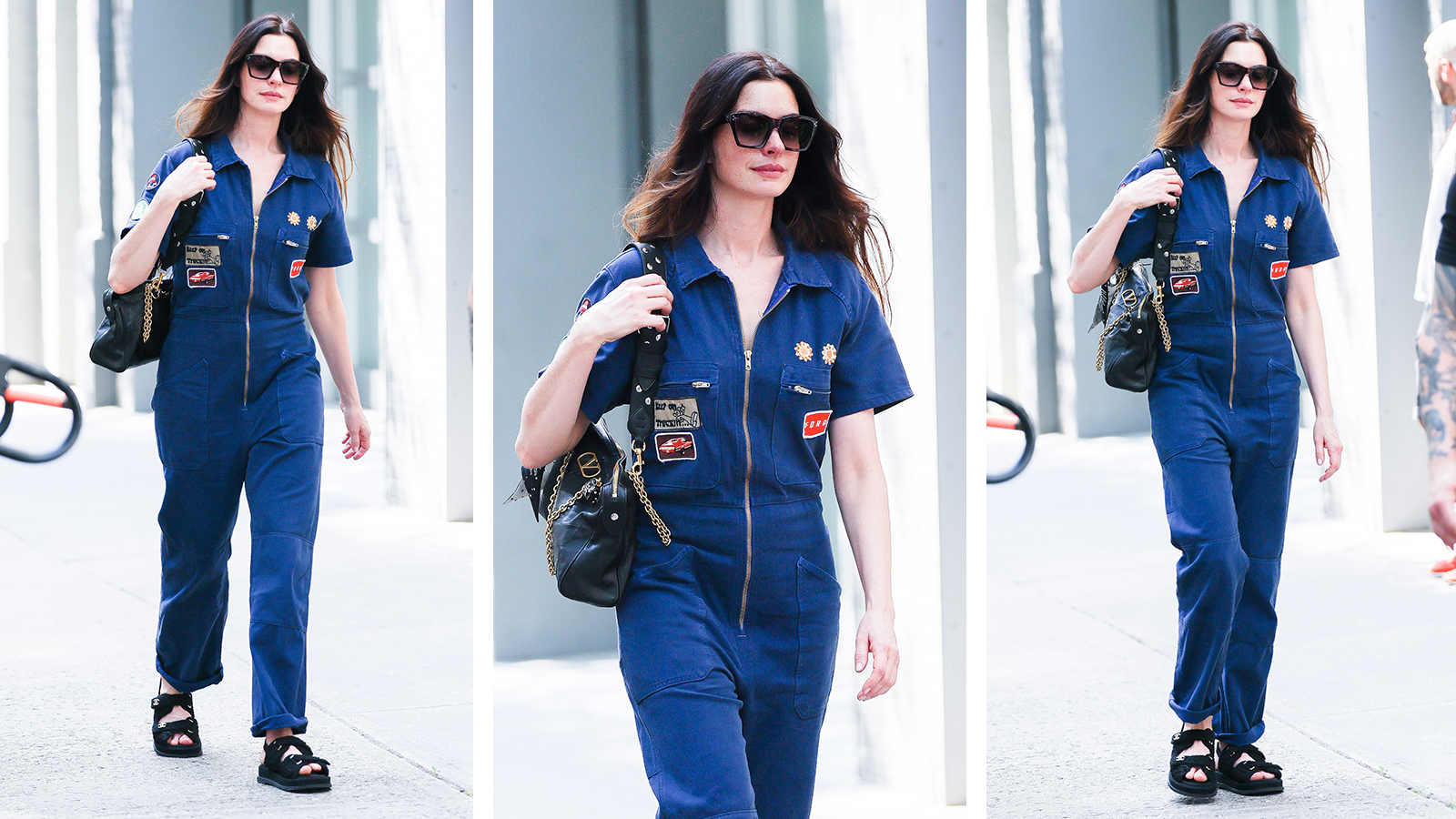 Anne Hathaway in NYC wearing a denim jumpsuit, black sandals, black bag and dark sunglasses