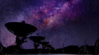 The Five-hundred-meter Aperture Spherical radio Telescope (FAST, below) and the Jansky Very Large Array (JVLA, middle) under the night sky.