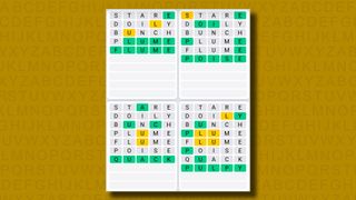 Quordle daily sequence answers for game 947 on a yellow background