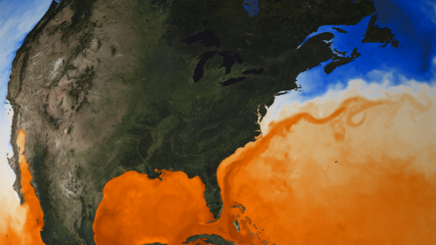 A color-enhanced image of surface water temperatures shows the Gulf Stream crossing the Atlantic Ocean from the Florida Straits. 