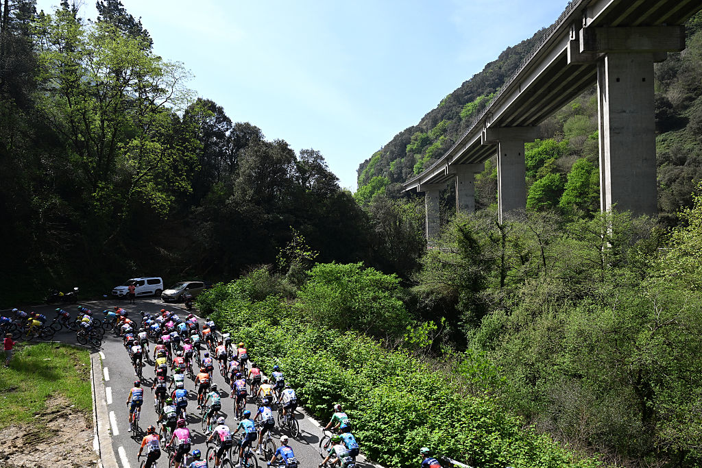 EIBAR, SPAIN - APRIL 10: A general view of the peloton competing during the 65th Itzulia Basque Country 2026, Stage 5 a 176.2km stage from Eibar to Eibar / #UCIWT / on April 10, 2026 in Eibar, Spain. (Photo by Tim de Waele/Getty Images)