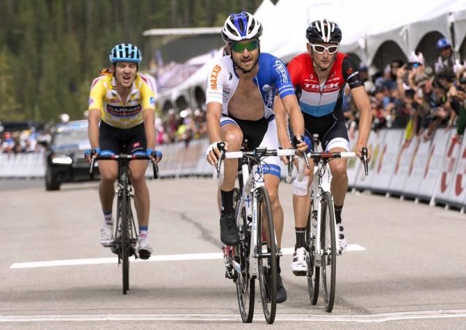 Lucas Eusser crosses the line ahead of Franck Schleck and Alex Howes