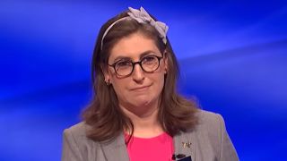 Mayim Bialik in headband on Jeopardy