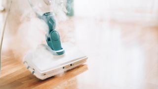 A steam cleaning mop steaming a hardwood floor