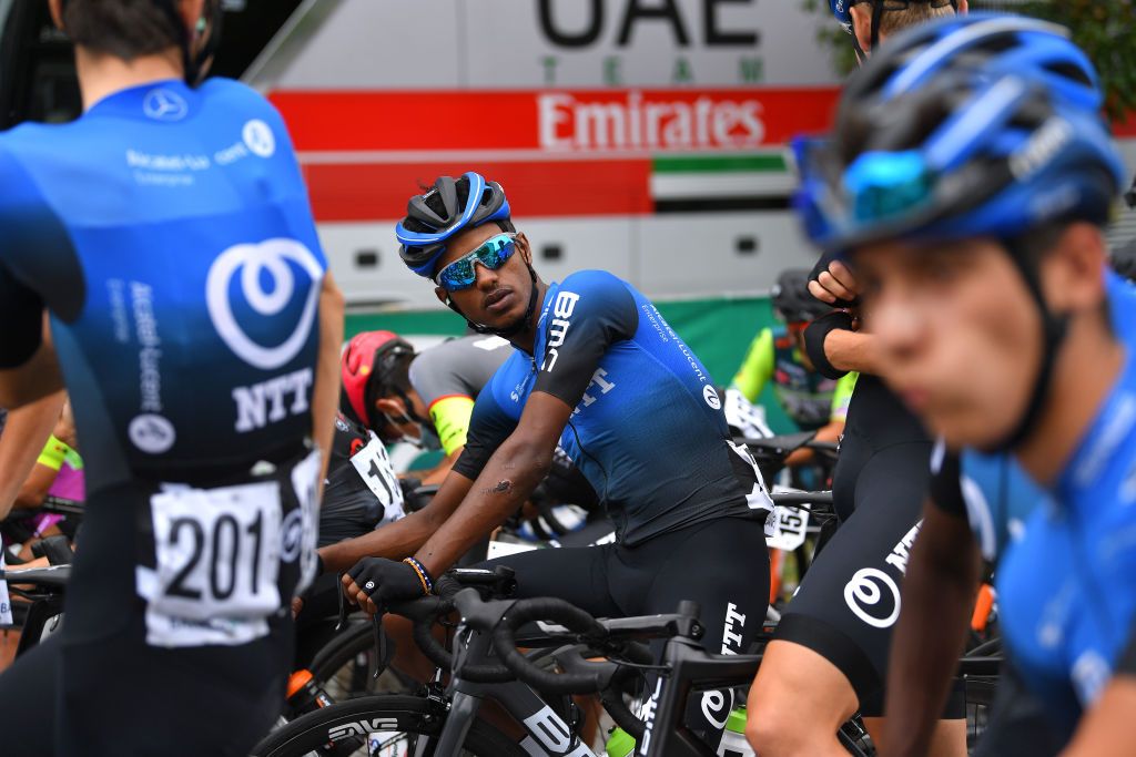 VARESE ITALY AUGUST 03 Start Ocbit Natnael Tesfatsion of Eritrea and NTT Continental Cycling Team Legnano City during the 1st Grande Trittico Lombardo 2020 a 1997km race from Legnano to Varese TritticoLombardo on August 03 2020 in Varese Italy Photo by Tim de WaeleGetty Images