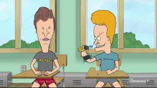 (L to R) Butt-Head and Beavis (holding a power drill) sit at school in Mike Judge’s Beavis and Butt-Head