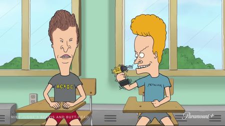 (L to R) Butt-Head and Beavis (holding a power drill) sit at school in Mike Judge&rsquo;s Beavis and Butt-Head