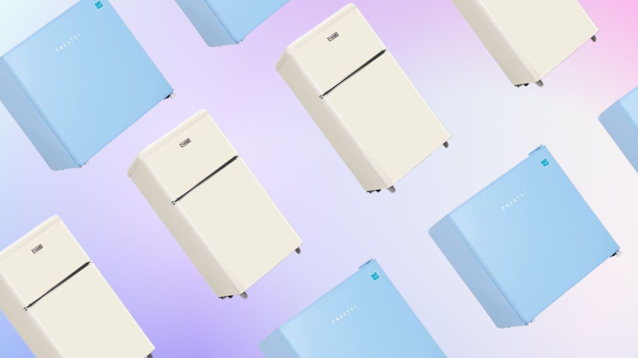 Mini fridges on purple pastel background