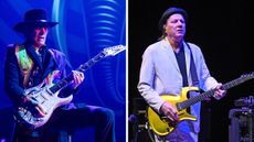 Left-Steve Vai of the band BEAT performs the music of 80s KING CRIMSON at Masonic Cathedral Theatre on October 27, 2024 in Detroit, Michigan; Right-Adrian Belew of the super-group BEAT performs the music of King Crimson at The Brown Theatre on December 10, 2024 in Louisville, Kentucky