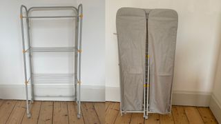 Two photos of the Joseph Joseph Clothes Airer, one with the cover on