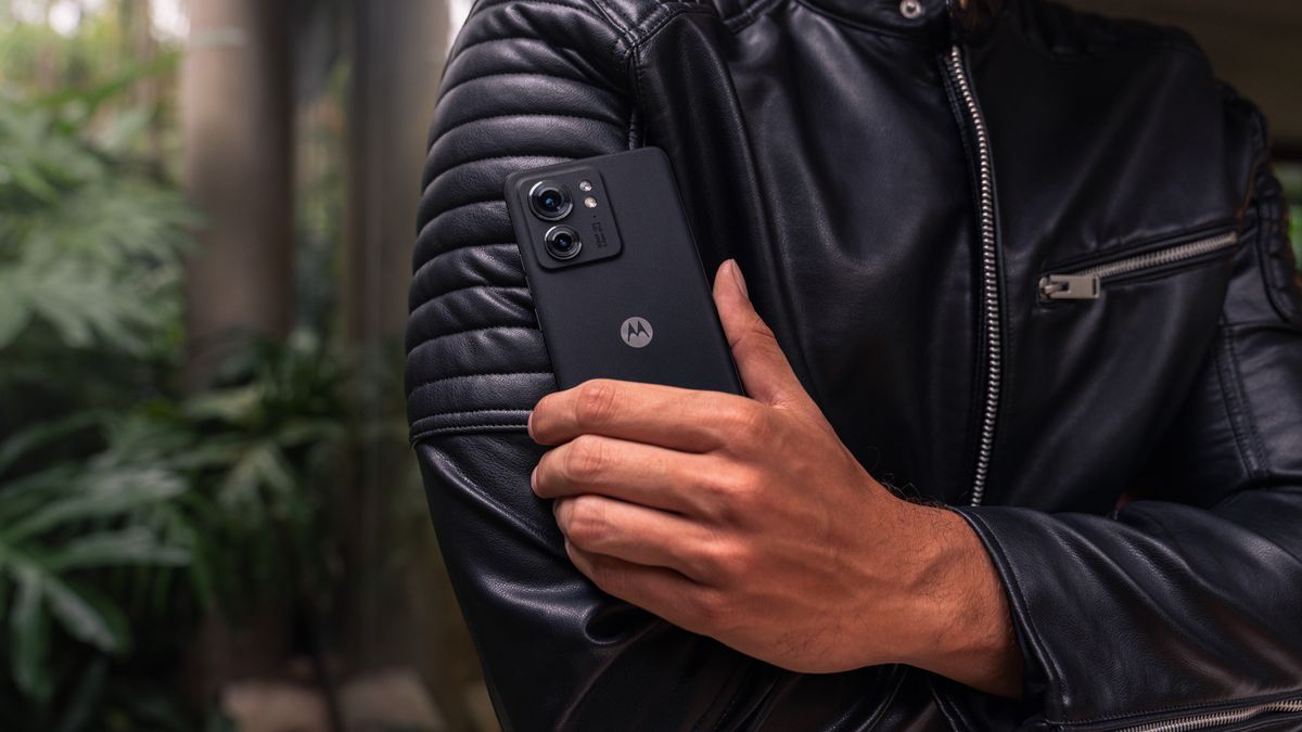 The Motorola Edge 2023 in Eclipse Black with a vegan leather backing.