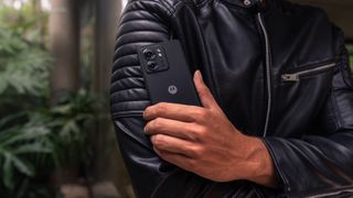The Motorola Edge 2023 in Eclipse Black with a vegan leather backing.
