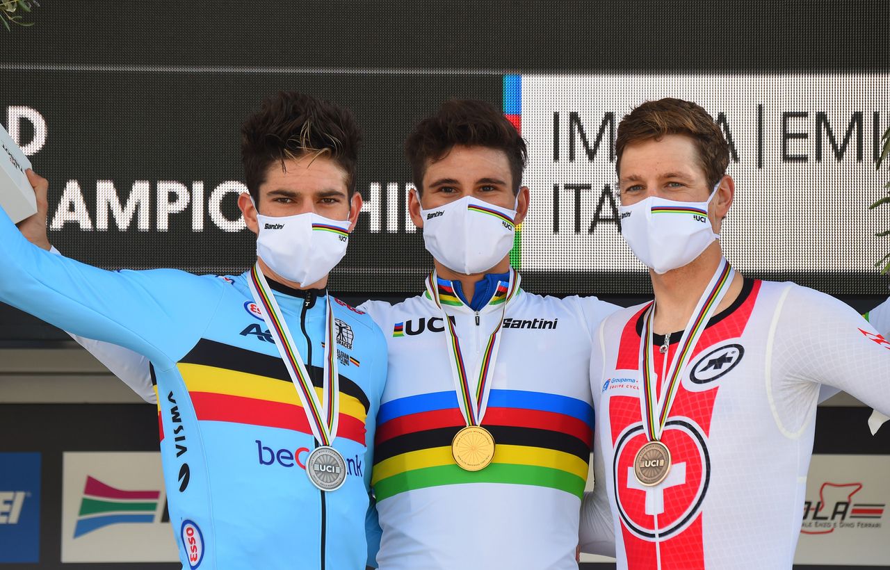 Road World Championships Imola 2020 - Men Elite Time Trial - Imola - Imola 31,7 km - 25/09/2020 - Wout Van Aert (BEL - Team Jumbo - Visma) - Filippo Ganna (ITA - Team Ineos) - Stefan Kung (SUI - Groupama - FDJ) - photo Dario Belingheri/BettiniPhoto&Acirc;&copy;2020