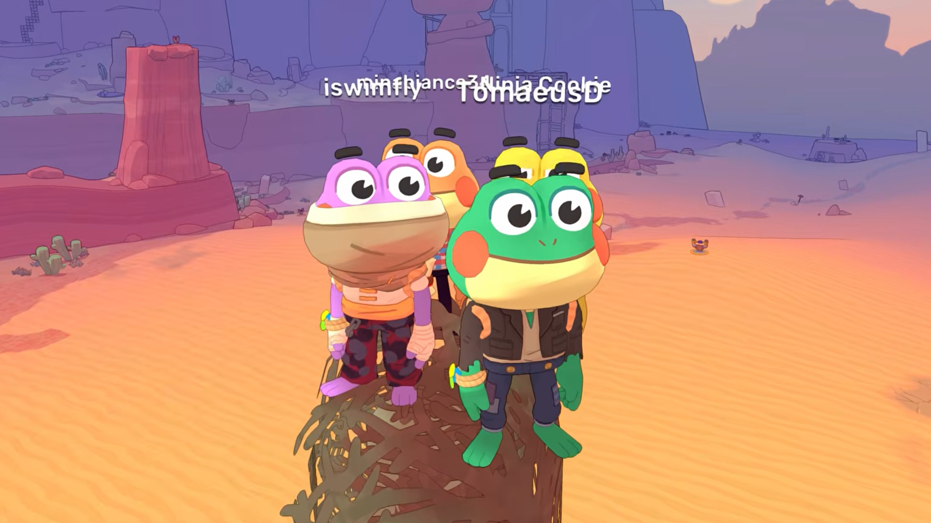 A team of frog-like characters smiles