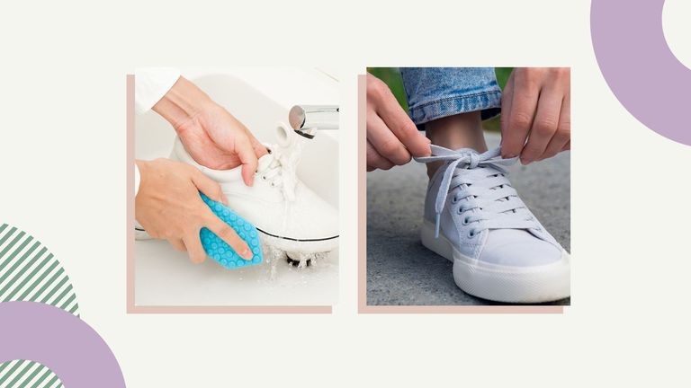 image showing how to clean white shoes and a pair of clean shoes