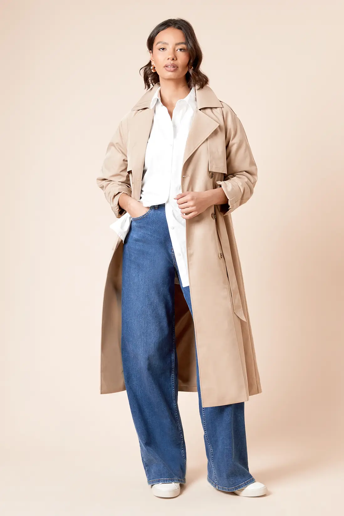 Longline Double Breasted Belted Trench Coat