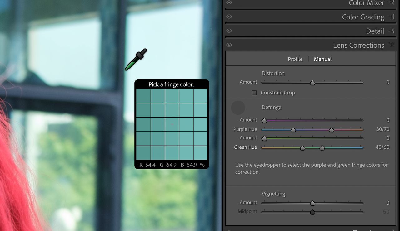 Adobe Lightroom Defringe eyedropper tool selecting a green-blue fringe color beside the Lens Corrections controls.