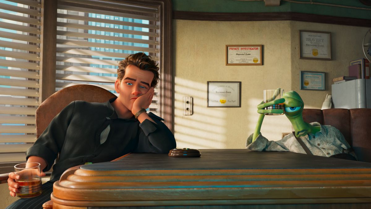 Ray and his alien detective partner looking glum and holding drinks in Ray Gunn