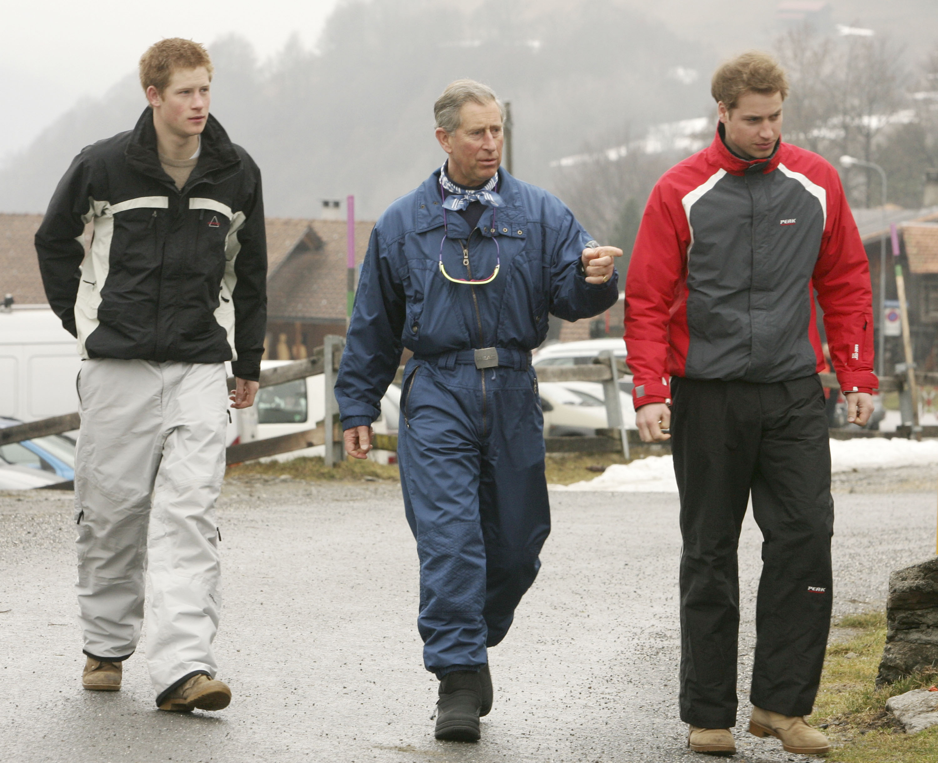 Prince Harry, King Charles and Prince William in ski clothing