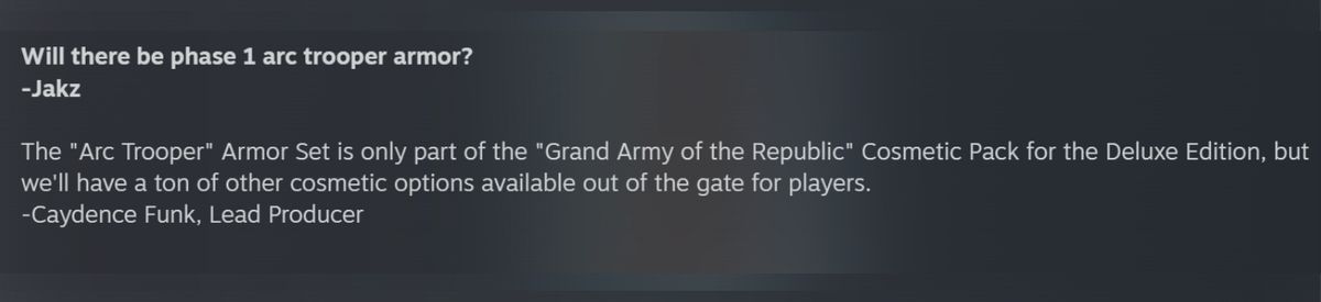 A screenshot from the Star Wars Zero Company Q&amp;A on Steam, specifically a question about the Phase 1 Arc Trooper armour.