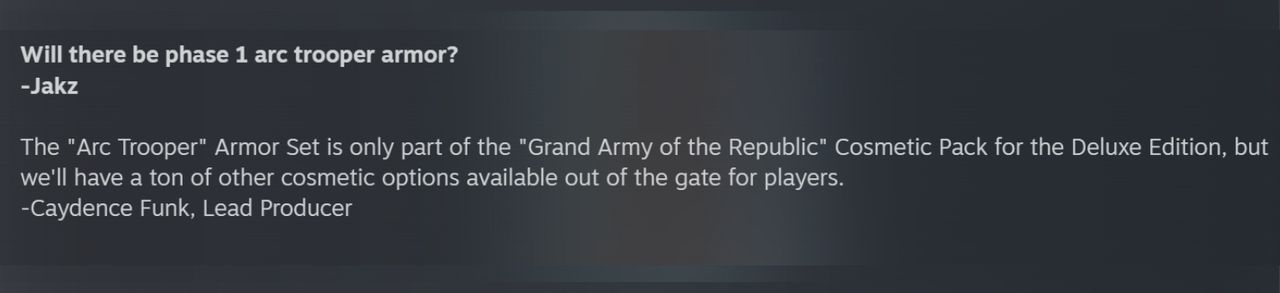 A screenshot from the Star Wars Zero Company Q&amp;A on Steam, specifically a question about the Phase 1 Arc Trooper armour.