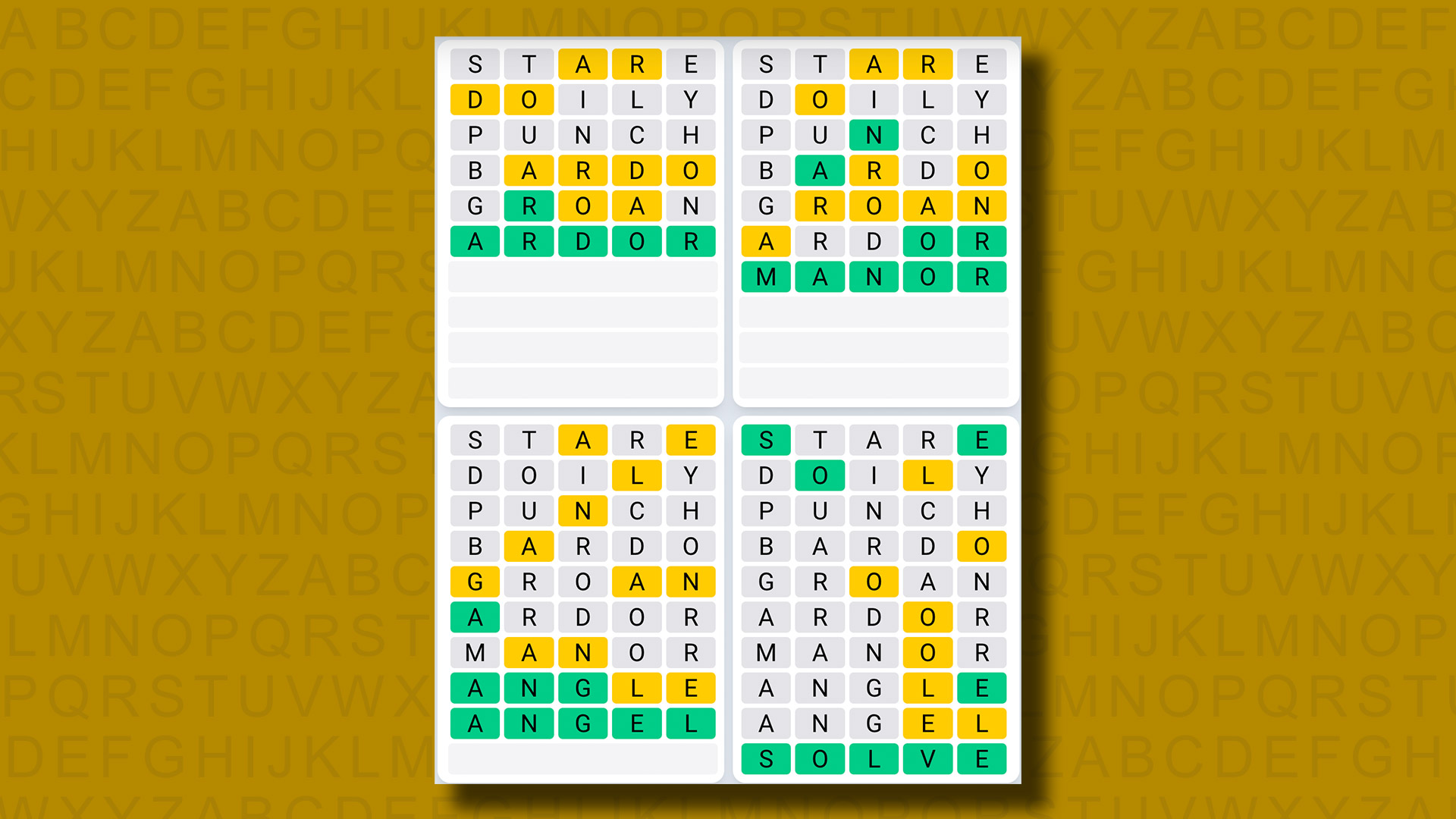 Quordle Daily Sequence answers for game 926 on a yellow background