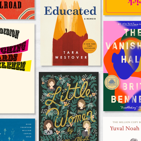 a collage of book covers including little women the vanishing half educated and more 