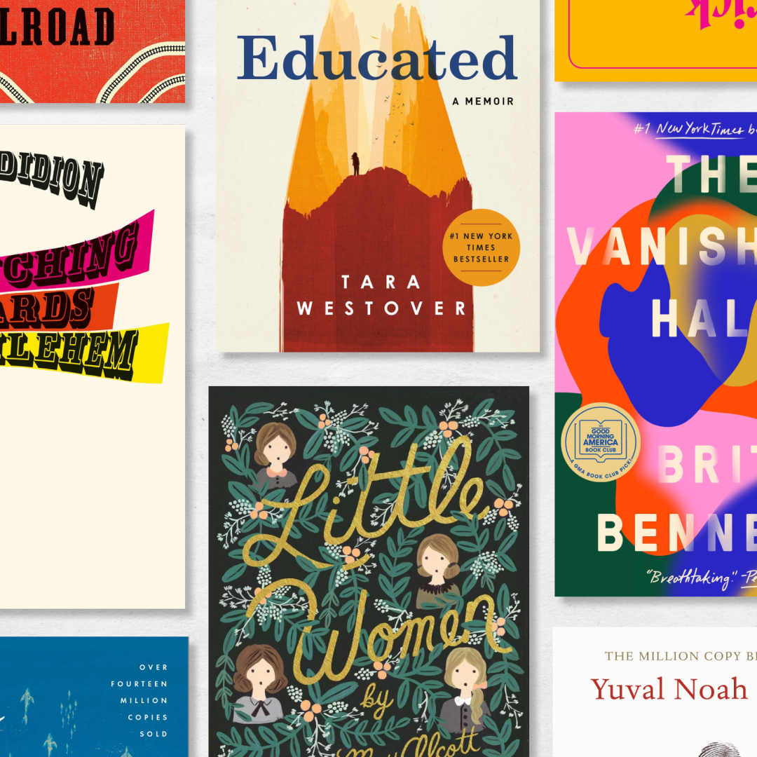 a collage of book covers including little women the vanishing half educated and more 
