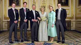 The Prince of Wales and his new bride Camilla, Duchess of Cornwall, with their children (L-R) Prince Harry, Prince William, Laura Parker Bowles and Tom Parker Bowles, in the White Drawing Room at Windsor Castle Saturday April 9 2005, after their wedding ceremony.