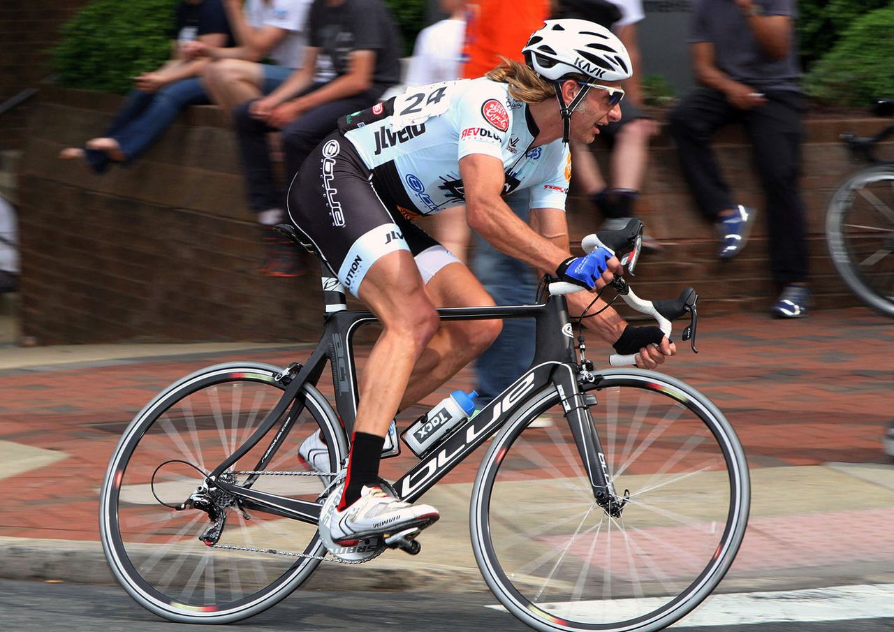 Bill Elliston (Ec Devo Cycling) concentrates on staing with the group.