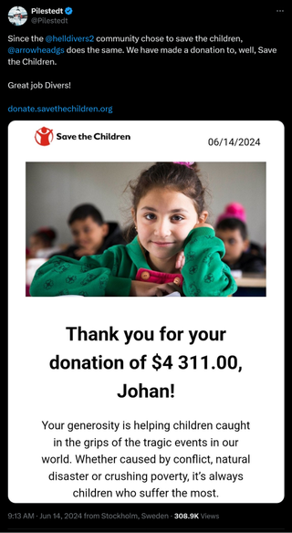 Since the @helldivers2 community chose to save the children, @arrowheadgs does the same. We have made a donation to, well, Save the Children. Great job Divers! https://donate.savethechildren.org