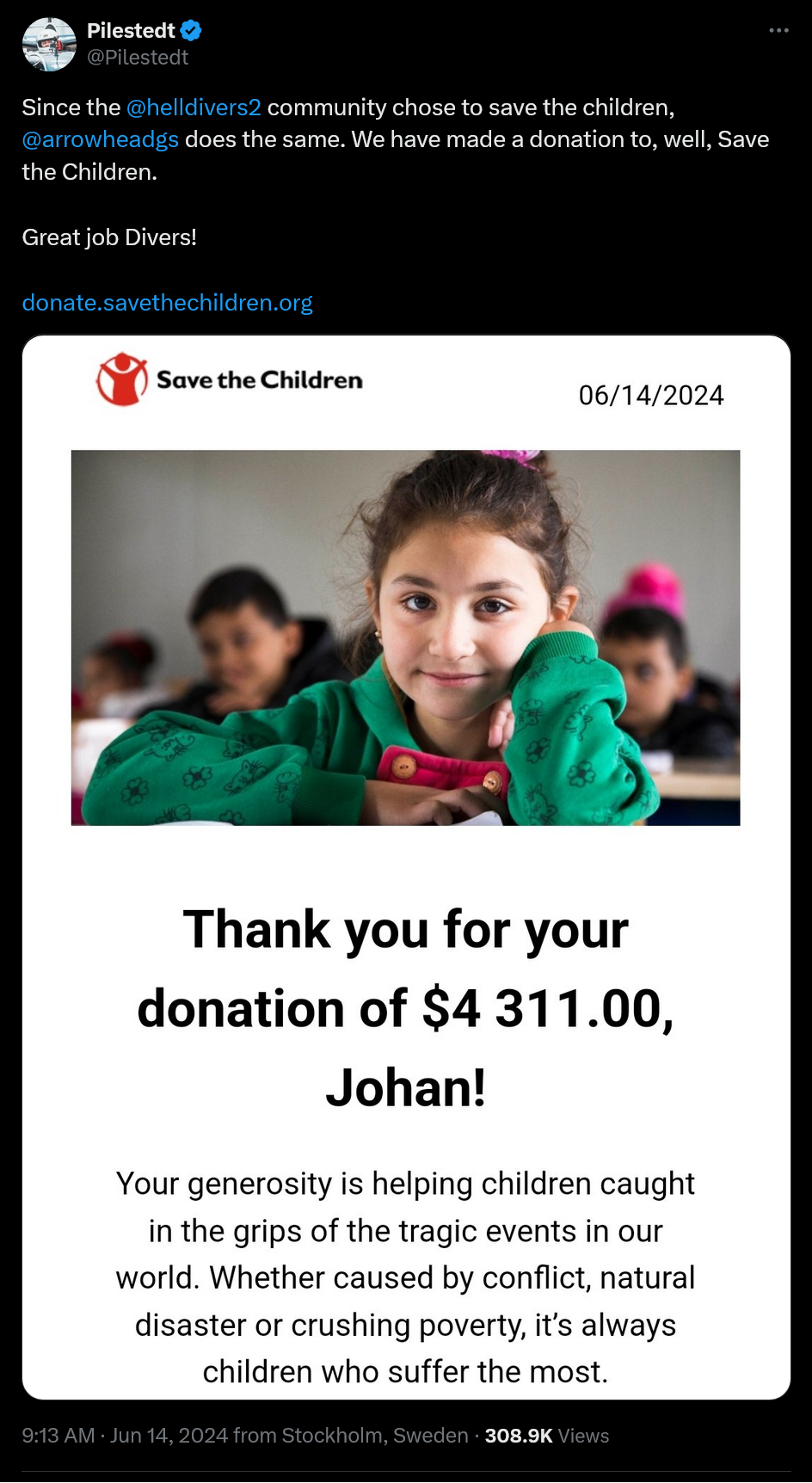Since the @helldivers2  community chose to save the children, @arrowheadgs  does the same. We have made a donation to, well, Save the Children.  Great job Divers!  https://donate.savethechildren.org