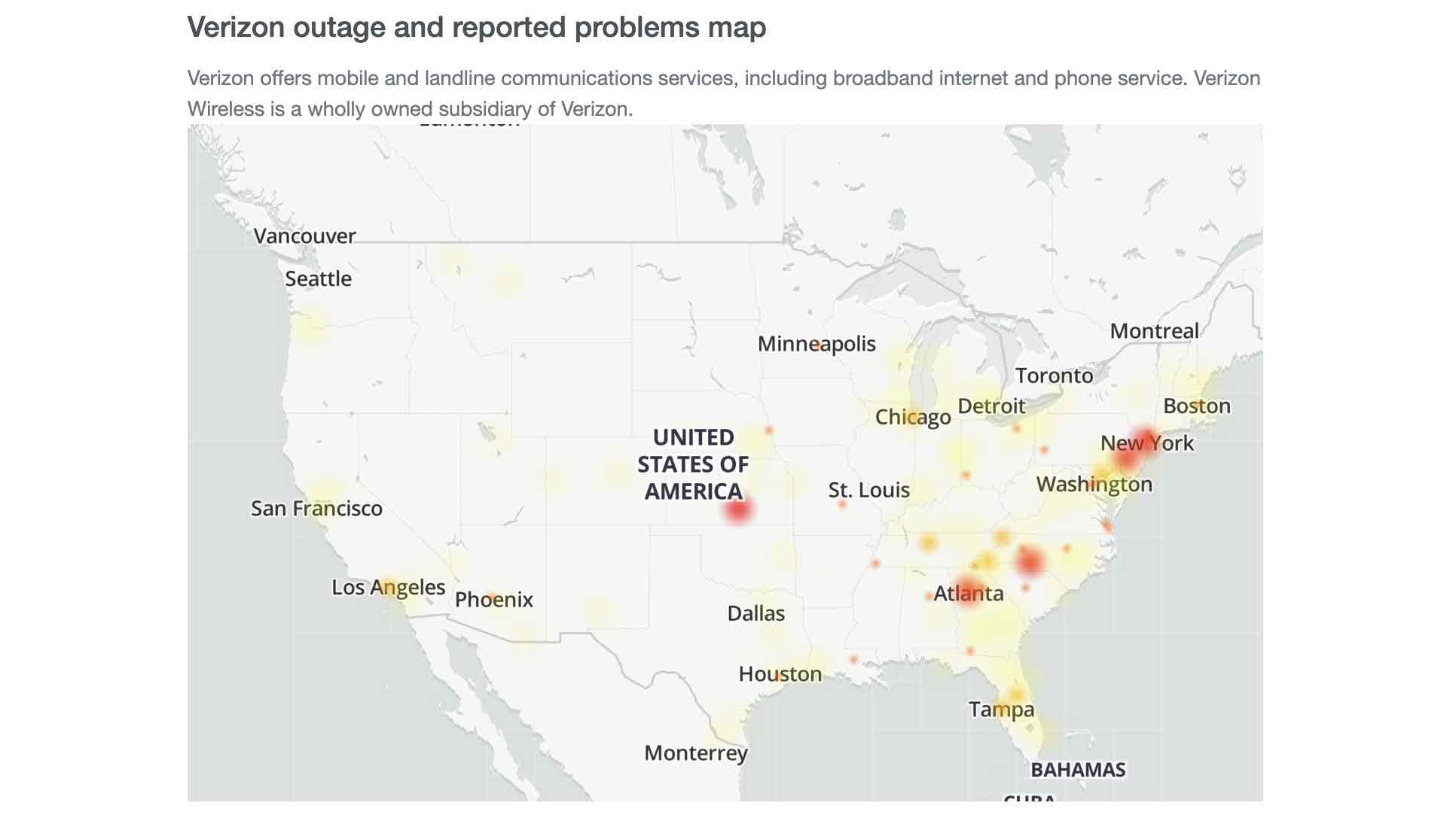 Verizon outage map according to Down Detector.