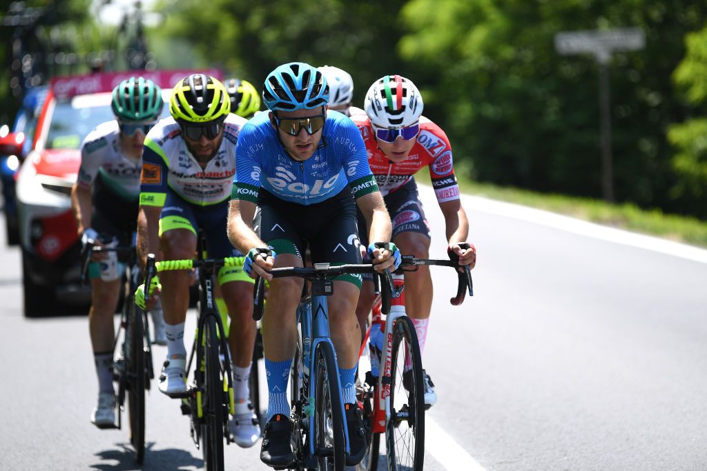 ALPE DI MERA VALSESIA ITALY MAY 28 Mark Christian of United Kingdom and EOLOKOMETA Cycling Team in breakaway during the 104th Giro dItalia 2021 Stage 19 a 166km stage from Abbiategrasso to Alpe di Mera Valsesia 1531m Stage modified due to the tragic events on May the 23rd 2021 that involved the Mottarone Cableway UCIworldtour girodiitalia Giro on May 28 2021 in Alpe di Mera Valsesia Italy Photo by Tim de WaeleGetty Images