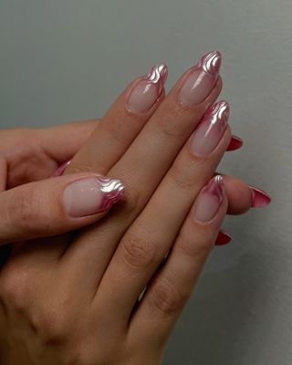 Pink textured chrome Christmas French tips