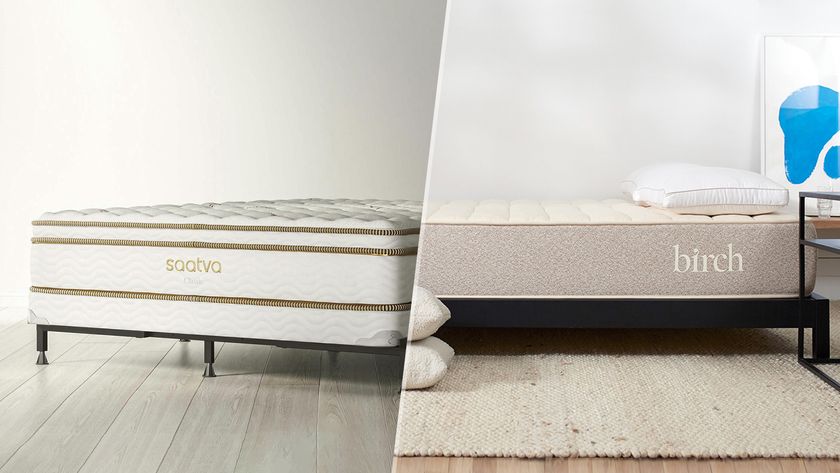 The Saatva Classic Mattress in a plain room (left) and the Birch Natural Mattress in a plain room (right)