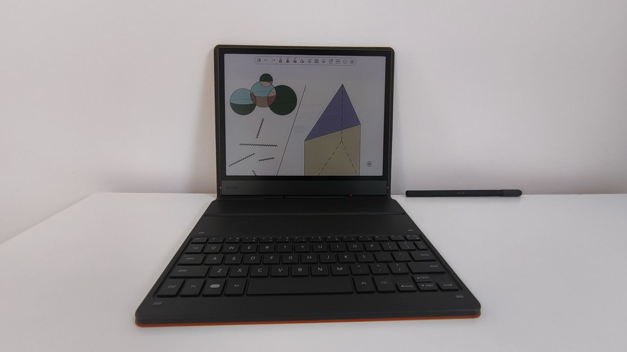 The Onyx Boox Note Air 5C docked in its official magnetic keyboard case,